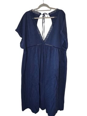 ASOS Curve Blue Eyelet Maxi Dress Cotton Cottage Feminine Open Back Lace Floral